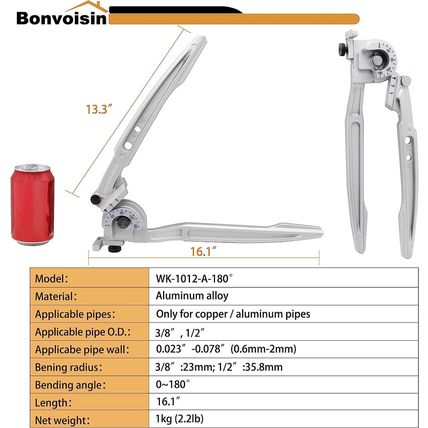 Bonvoisin 3/8" 1/2" OD Tubing Bender 2 in 1 Manual Bender 180° HVAC Soft Copper