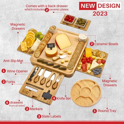 Large Bamboo Charcuterie Boards Gift Set with 4 Hidden Drawers, Cheese Knives, C