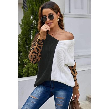 Leopard Print Contrast Color V Neck Sweater
