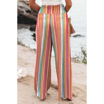 Multicolor Striped Smocked High Waist Wide Leg Pants
