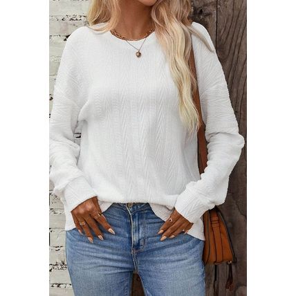 White Round Neck Drop Shoulder Textured Knit Top