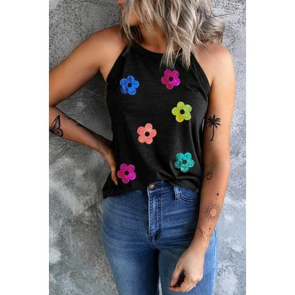 Black Sequin Flower Slim Fit Crewneck Tank Top