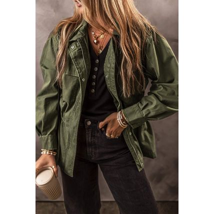 Moss Green Snap Button Zipper Tight Waist Collared Jacket