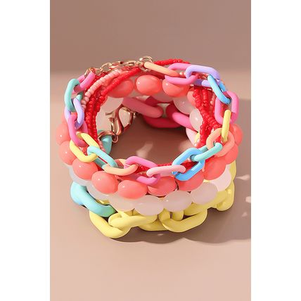 Pink Colorful Beaded Chain Link Layered Bracelet Set
