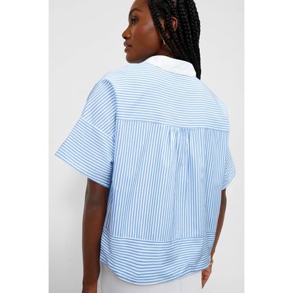 Sky Blue Stripe Contrast Collar Patchwork Hidden Button Short Sleeve Summer Shir