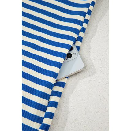 Dark Blue Stripe Print Contrast Collar Split Neck Flutter Sleeve Short Dress