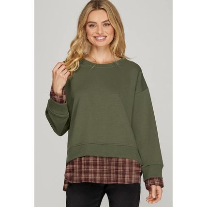 Moss Green Vintage Plaid Patchwork Drop Shoulder Sweatshirt