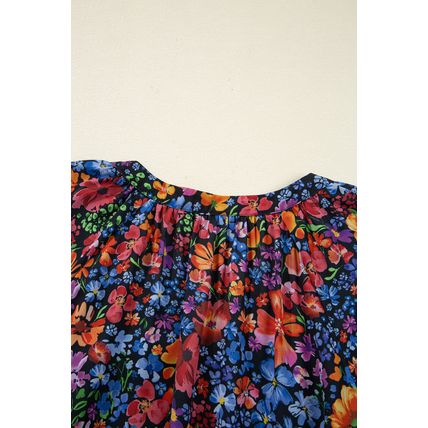 Blue Floral Print Tassel Tie V Neck Long Sleeve Flowy Long Dress
