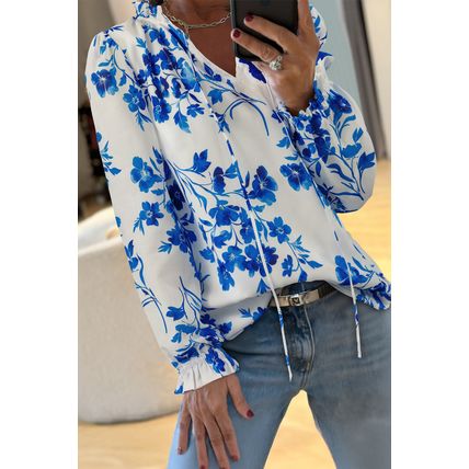 Blue Floral Long Sleeve Lace-up V Neck Blouse