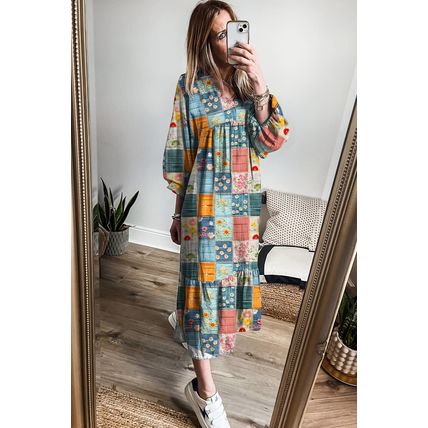 Sky Blue Mix Floral Checkered Pattern Bubble Sleeve Ruffle Hem Dress