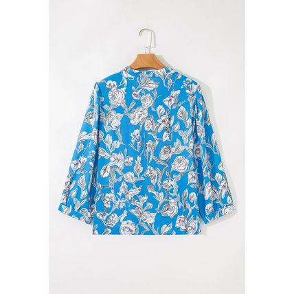 Sky Blue V Neck Floral Print 3/4 Puff Sleeve Blouse
