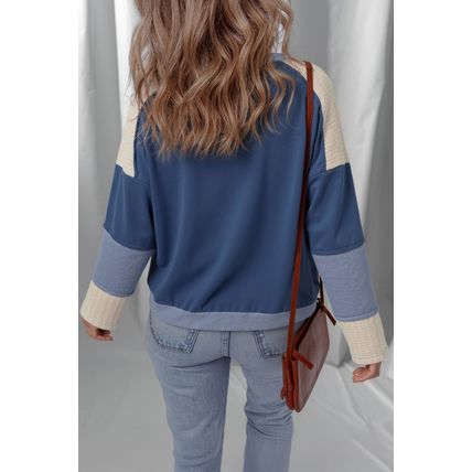 Dark Blue Contrast Knitted Colorblock Star Patchwork Oversize Long Sleeve Top