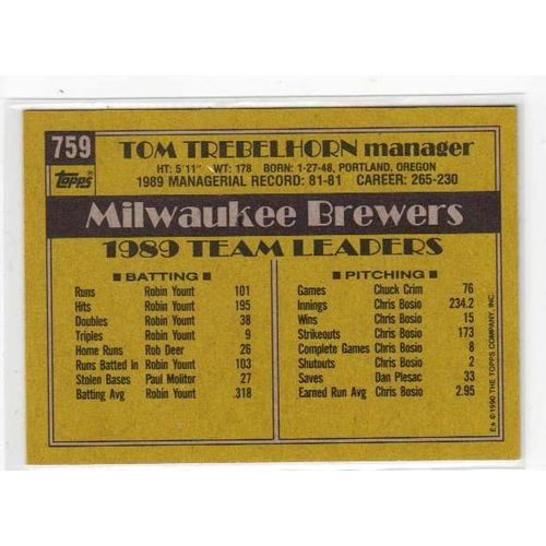 1990 Topps Tom Trebelhorn baseball card #759 – Brewers