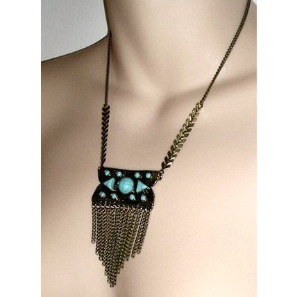 Cruise Club - Aqua & Brass Necklace with Linked Chain Fringe - NEW