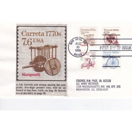 United States 1988 Carreta FDC San Jose CA cancel typed VGC