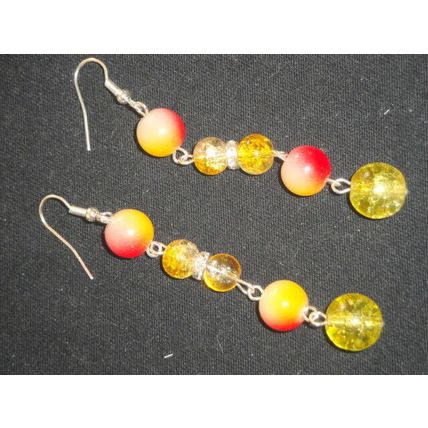 Vivid mixed red & yellow glass long swing earrings
