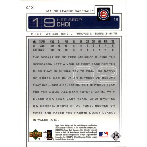 2003 Upper Deck Baseball Hee Seop Choi
