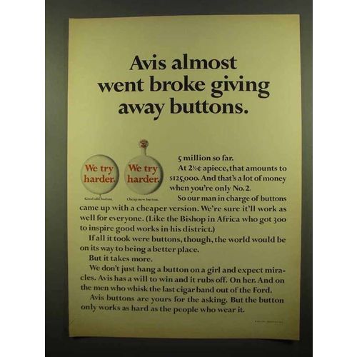1965 Avis Rent-A-Car Ad - Went Broke Giving Buttons