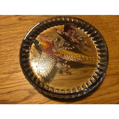 Ball Brand Glass Paper Weight with Pheasants, Fluted Edge