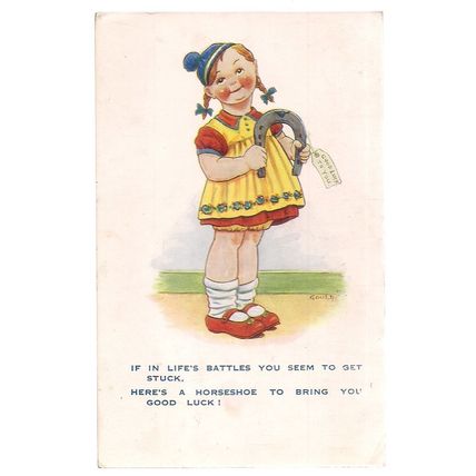 GIRL WITH HORSESHOE by Gould vintage used postcard not posted