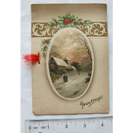 Vintage: Christmas card - snow scene with red sky
