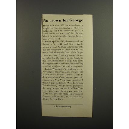 1953 New York State Tourism Ad - No crown for George