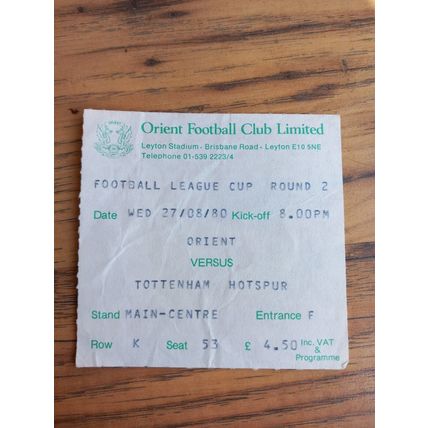 1980/81 League Cup 2nd Round Programme & Ticket - Orient vs Tottenham / Spurs