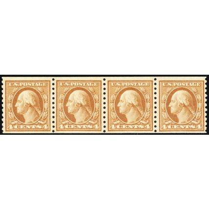 495, Mint NH F-VF 4¢ Very Fresh Coil Strip of Four .. Stuart Katz