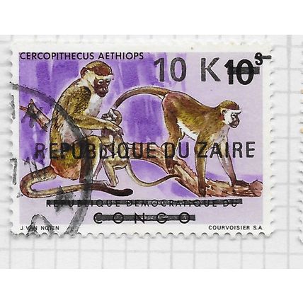 ZAIRE 1977 SURCHARGE 10k ON 10s MONKEYS USED