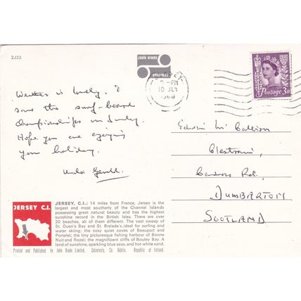 Portelet Beach Jersey Postcard used 1968 corner crease