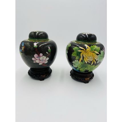 Vintage Cloisonne Brass Enameled Ginger Jar Floral Butterfly Inlay Design 7in