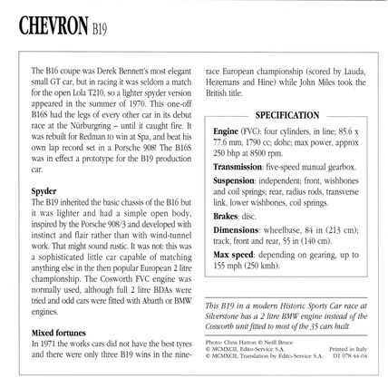 Collectors Club card. Classic Cars. Chevron B19 racing car