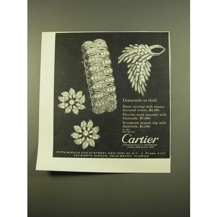 1961 Cartier Jewelry Advertisement - Daisy Earclips, Flexible Mesh Bracelet