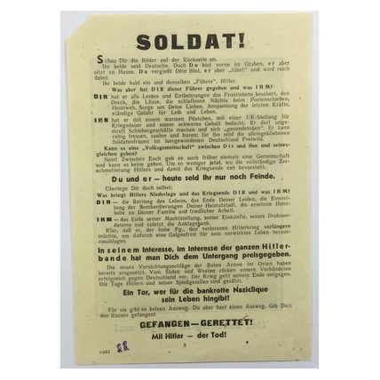 Original WW2 Russian/Soviet Air Drop Propaganda Leaflet. - Code 3067. - 1944.