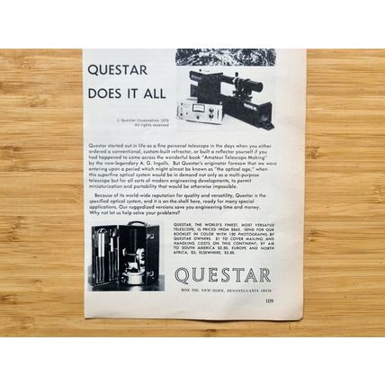 1970s Questar Telescope Original Print Advert