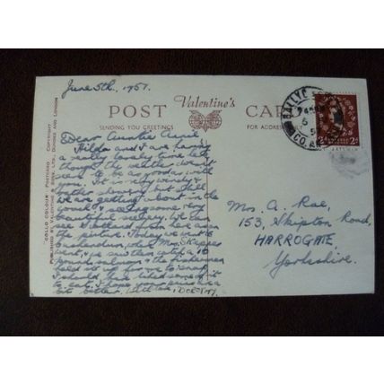 GB Broombeg Ballycastle 1957 used Valentine postcard Harrogate view Scotland