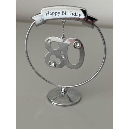 CRISTOCRAFT CHROME PLATED HAPPY 8OTH BIRTHDAY ORNAMENT / CAKE TOPPER