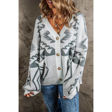 Light Grey Geometric Pattern Ribbed Trim Button-Up Cardigan