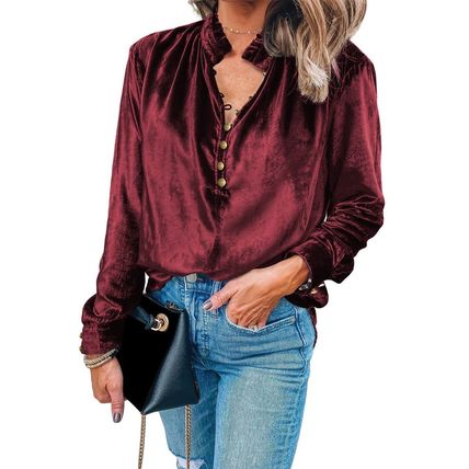 Biking Red Frilled Neck Buttoned Front Velvet Top