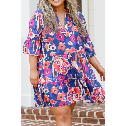 Blue Plus Size Floral Print Ruffled 3/4 Sleeve Mini Dress