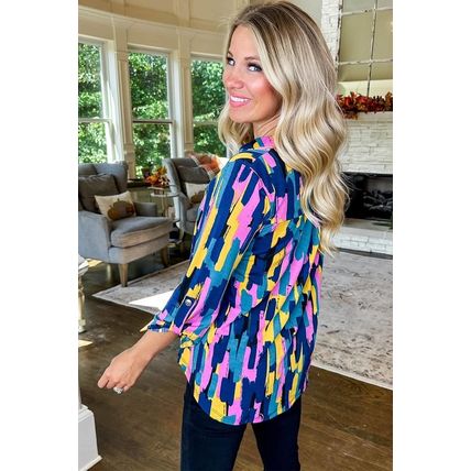 Blue Plus Size Brushstroke Print 3/4 Sleeve Blouse