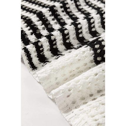 White Stripe Hollow-out Openwork Knit Puff Sleeve Sweater