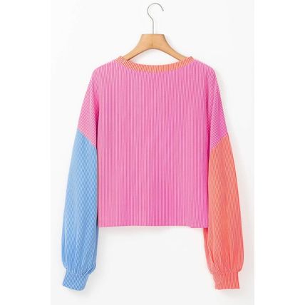 Rose Red Corded Colorblock Patchwork Drop Shoulder Long Sleeve Top