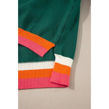 Blackish Green Colorblock Striped Trim Drop Shoulder Sweater