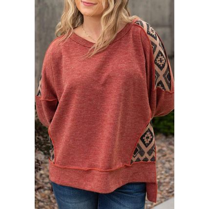 Redwood Burl Aztec Patchwork Drop Shoulder Plus Size High Low Sweatshirt
