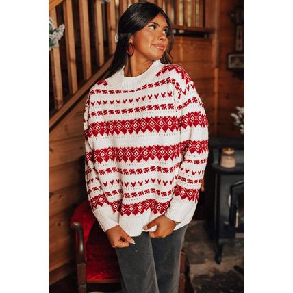 White Western Geometric Patterned Crew Neck Loose Sweater