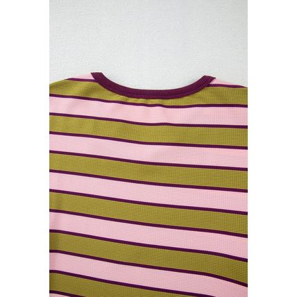 Spinach Green Clashing Stripes Waffle Texture Notched Neck Long Sleeve Top
