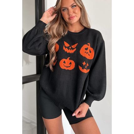 Black Halloween Pumpkin Face Pattern Drop Shoulder Sweater