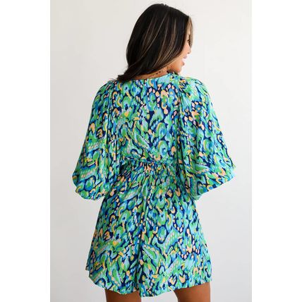 Green Abstract Print Puff Sleeve V Neck High Waist Romper