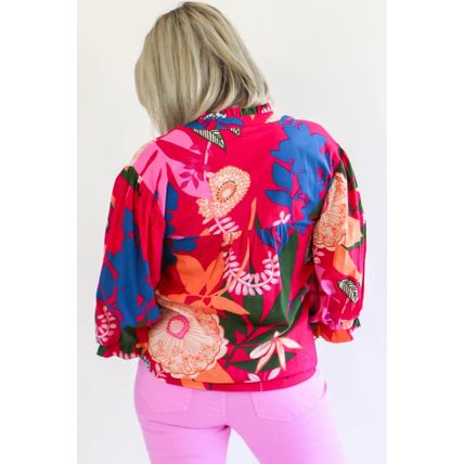 Rose Blooming Flower Print Ruffled Puff Sleeve Blouse